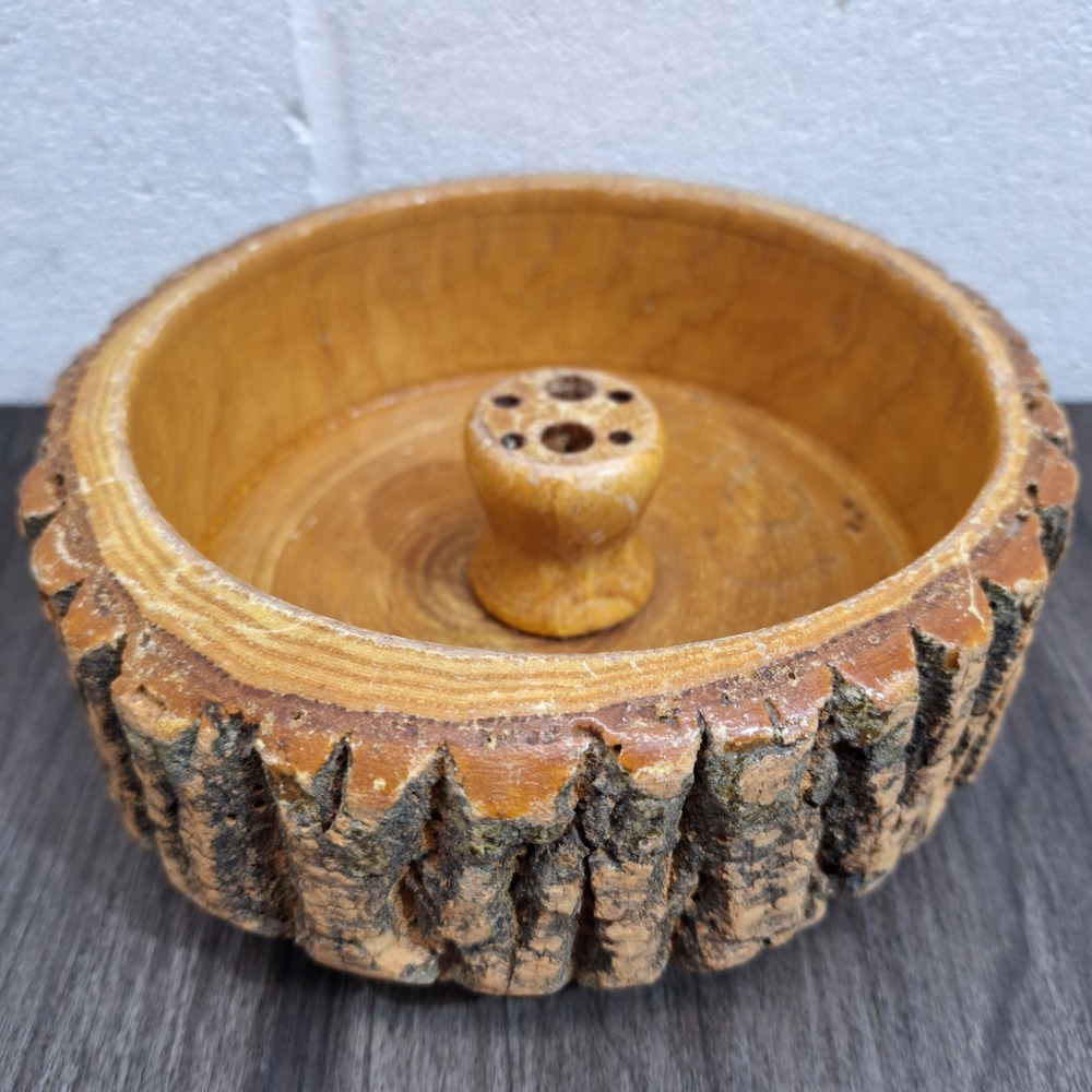 Vintage Rustic Live Edge Wood Nut Bowl with Center Pick Holder Bark Edge 7in
